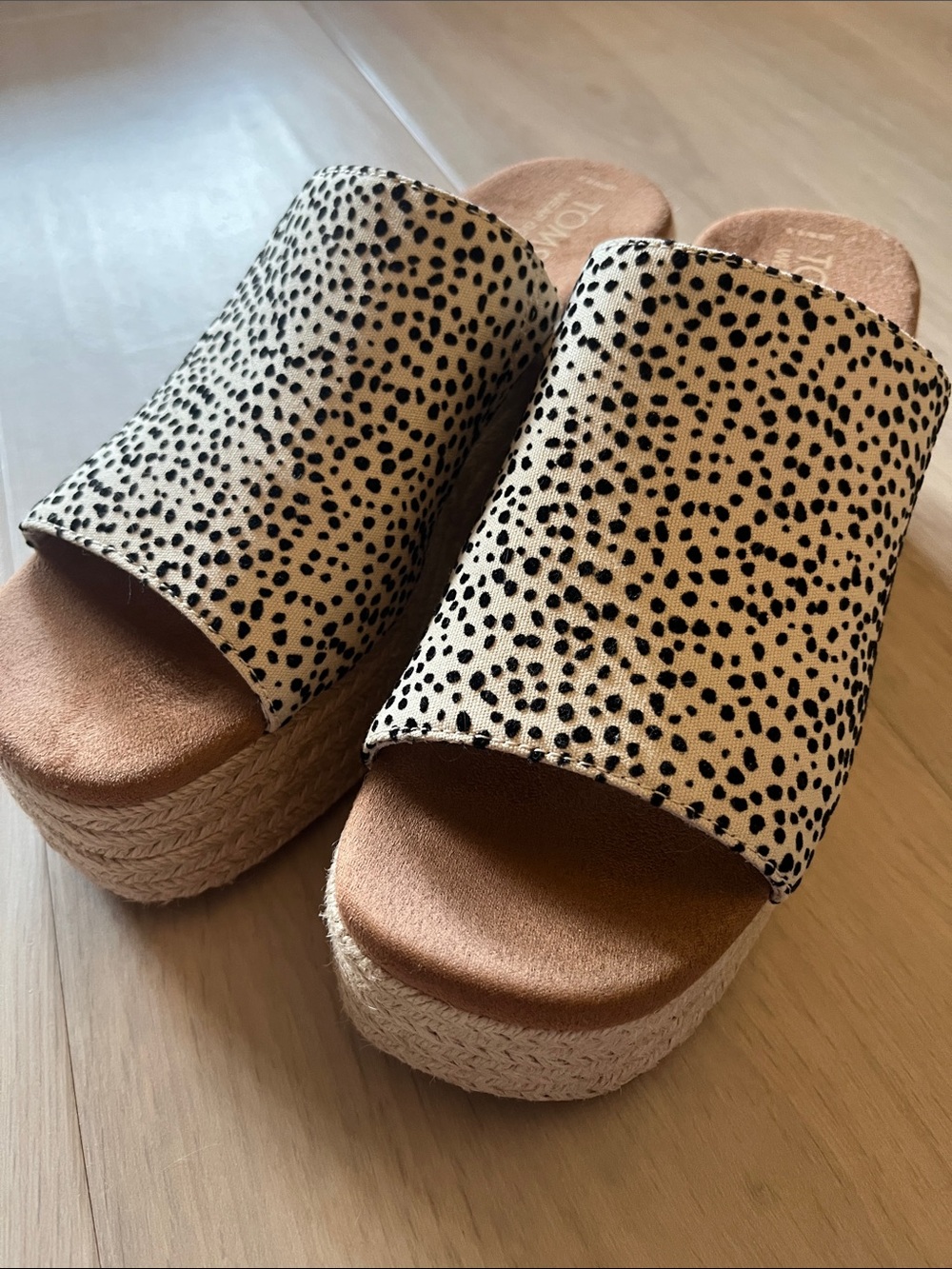 Toms Cream and Black Mini Cheetah Platform Lalla Mules